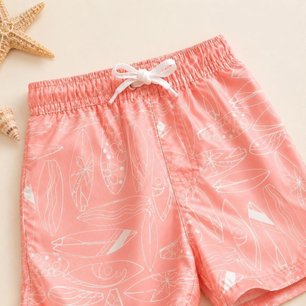 Wonder Nation Boys Coral Pink Surfboard Print Swim Trunks Size 2T